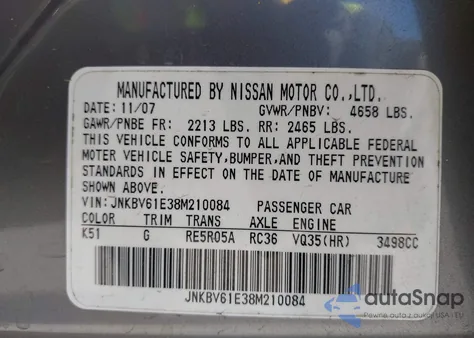 2008 Infiniti G35 z USA, uszkodzony, nr VIN JNKBV61E38M210084
